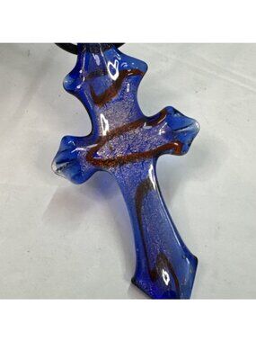 Vintage Art Glass Cross Pendant on Rubber Cord